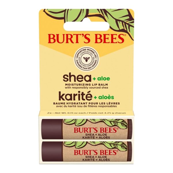 Keep your lips hydrated and soothed with Burt's Bees Lip Balm with Shea Butter & Aloe. This ultra-nourishing formula combines the deep moisturizing benefits of shea butter with the calming properties of aloe to keep your lips soft, smooth, and healthy. Designed for everyday use, it provides long-lasting moisture to prevent dryness and chapping. With 100% natural origin ingredients and a gentle formula, this 2-pack ensures you always have the perfect lip care within reach. Key Features: Infused with shea butter and aloe for intense hydration and soothing relief Smooth, creamy texture for easy and comfortable application Helps protect against dryness and chapping with long-lasting moisture Convenient 2-pack for twice the nourishment 100% natural origin ingredients for a clean and safe formula Free from parabens, phthalates, petrolatum, and SLS